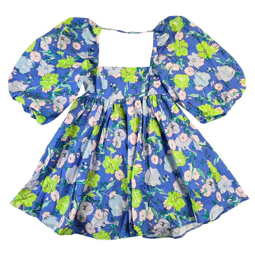 ASOS Edition Blue Floral Puff Sleeve Mini Babydoll Dress Tie Back Cutout US 6